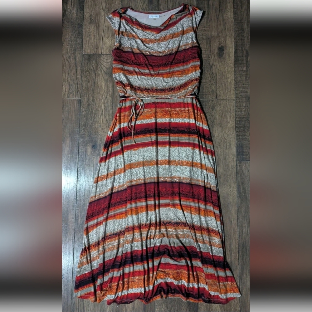 Calvin Klein Rust & Brown Watercolor Accent Print Maxi Dress Waist Tie Size LRG
